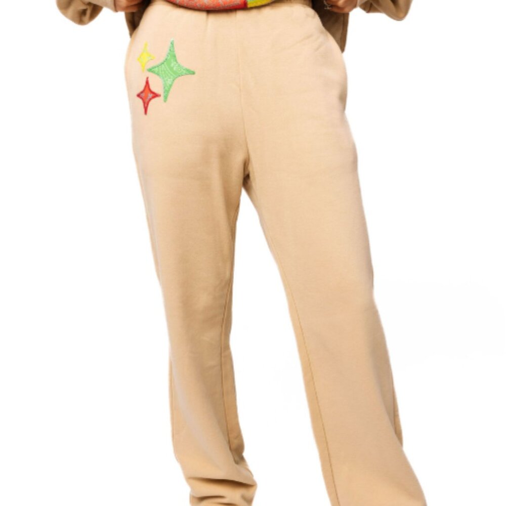 NEW Queen Of Sparkles-Beige Colorblock Bandana QOS Card Logo Sweat Pant
